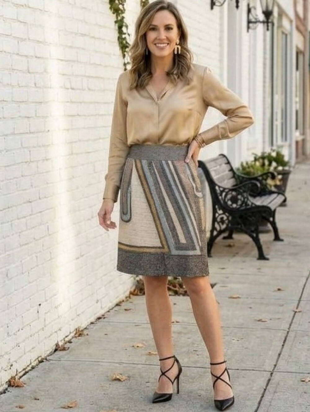 Gerry Weber Geometric Jacquard Metallic Knee Length Skirt Pockets XS/S